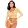 conjunto renda floral amarela pastel top curto manga comprida transparente tanga fio dental delicada elástica sensual elegante versátil sofisticada