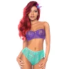 Conjunto lingerie pequena sereia tomara caia aro suporte roxo shortinho turquesa renda babados contraste sedutor glamouroso fantasia