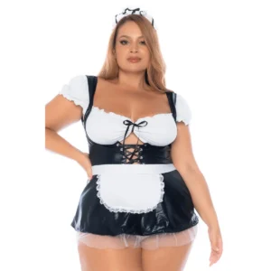 fantasia sexy empregada tamanho grande três peças mini vestido costas nuas amarração frontal tecido efeito molhado babados rede avental removível