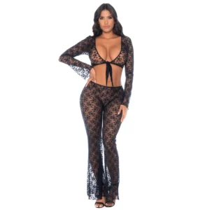 conjunto preto renda floral top cropped mangas longas ajustáveis amarrável frente trás calça flare cintura baixa transparente delicada sensual versátil