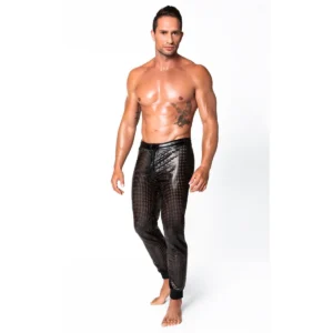 calça wetlook elástica brilho durável perfurada respirável amarração frontal cintura ajustável punhos canelados tecido poliéster elastano revestimento polímero