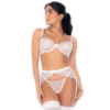 Conjunto lingerie renda branca três peças sutiã aro alças ajustáveis cinta liga tanga transparente delicada sensual