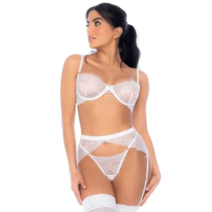 Conjunto lingerie renda branca três peças sutiã aro alças ajustáveis cinta liga tanga transparente delicada sensual