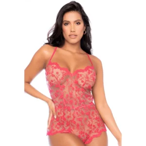 macacão curto renda bordada transparente cereja elegante confortável algodão semiajustado alças ajustáveis fecho pressão virilha delicada leve lisonjeira noite respirável