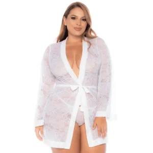 Roupão tamanho grande renda branca floral transparente delicado elegante mangas longas fluidas faixa cintura ajustável silhueta romântico noiva noite especial