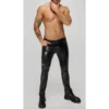Calça comprida masculina wetlook serpente estampada elástico estampado zíper frontal botão bolsos traseiros justa sensual fetiche poliéster elastano revestida polímero