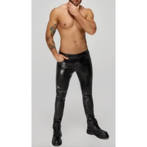 Calça comprida masculina wetlook serpente estampada elástico estampado zíper frontal botão bolsos traseiros justa sensual fetiche poliéster elastano revestida polímero