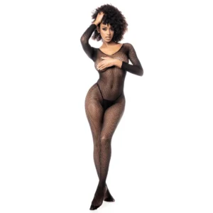 macacão preto malha larga sensual mangas compridas segunda pele ajuste corporal decote aberto costas decotadas corte ajustado versátil íntima moda