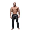 calças compridas masculinas efeito molhado elásticas brilhantes aplicações PVC zíper abertura frontal botões cintura alta corte ajustado