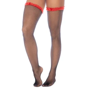 meias arrastão autossustentáveis pretas ligas vermelhas babados laço delicado sensual atrevido glamouroso sedutor elegante acabamento poliamida elastano