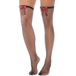 Meias arrastão pretas malha larga laço xadrez vermelho escocês estilo sensual sexy acessório lingerie poliamida elastano poliéster elásticos