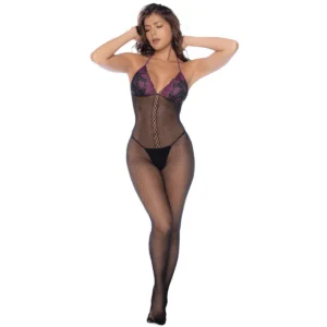 macacão rede renda preta violeta sensual colarinho decote costas cavadas bojos floral contraste malha fina elástica transparente laço elegante curvas