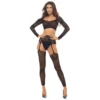 conjunto duas peças rede preta blusa mangas compridas costas cavadas cinta liga integrada ultra sexy material elástico ajuste segunda pele