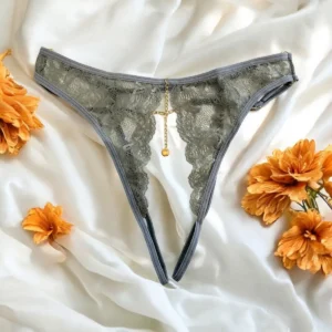tanga cinza renda fina delicada abertura virilha sexy ousada corrente dourada joia aleatória cintilante tiras ajustáveis anéis dourados