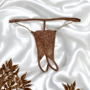 tanga renda taupe aberta correntes douradas laterais finas ajustáveis minimalista ousada sensual refinada delicada poliamida elastano