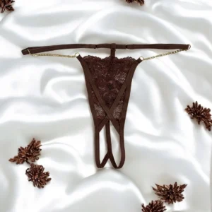 tanga renda fina delicada marrom minimalista ousada aberta ajustável correntes douradas laterais sensual refinada feminina sedutora poliamida elastano