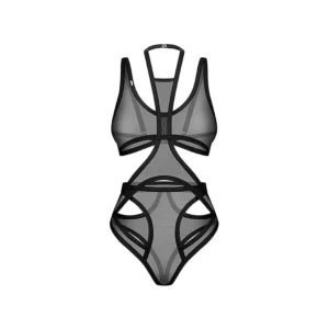 body preto Mercuris malha transparente recortes geométricos acabamentos delicados alças ajustáveis fecho gancho três etapas costas abertas silhueta