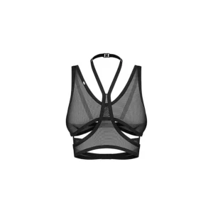 top preto malha transparente recortes geométricos dramáticos bordas precisão fecho ajustável três etapas busto cintura alças personalizáveis decote enfeite chamativo