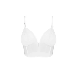 Aurorium top branco desossamento vertical modelagem estruturada malha transparente elástica sensação segunda pele decote profundo alças ajustáveis fecho traseiro