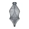 Body transparente gola curta ousado tecido elástico perfeito costas expostas malha padrão moderno pingente prata antialérgico sem níquel poliéster elastano
