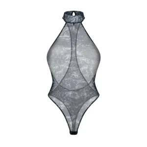 Body transparente gola curta ousado tecido elástico perfeito costas expostas malha padrão moderno pingente prata antialérgico sem níquel poliéster elastano