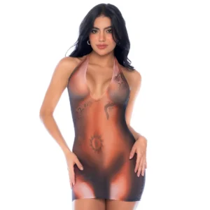vestido transparente ilusão tatuagem artística tribal solar segunda pele costas nuas malha ultrafina elástica justa sensual ousada festival glamorosa