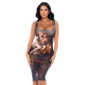 vestido renascentista transparente malha longo justo sensual estampado arte clássica ilusão ótica costas laço ajustável forro elástico poliéster