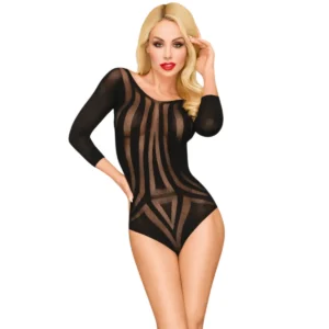 body preto rede fina faixas opacas transparentes costas nuas abertura entrepernas manga três quartos sensual elegante ajustado nylon elastano sofisticado