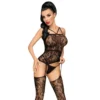 bodystocking preto rede estampada floral alças finas cruzadas costas ilusão meia cinta liga pernas destacadas transparência nylon elastano