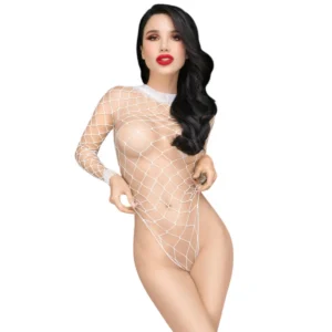 body branco malha larga elástico confortável sensual justo mangas longas abertura virilha coleção nylon elastano sedutor