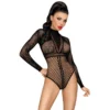 Body Preto Mangas Compridas Renda Transparente Rede Fina Gola Redonda Borda Babados Abertura Virilha Ousado Sedutor