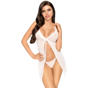 babydoll semitransparente branca abertura frontal laço pescoço gola franzida alças ajustáveis tanga combinando incluída poliéster elastano