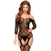 lingerie sensual feminina preta rendada floral rede manga média abertura entreperna transparências elástica confortável sustentável luxo embalagem acabamento dourado