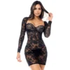 Vestido renda transparente mangas compridas corte ajustado contornos efeito couro armações integradas suporte modelagem tanga coordenada sensualidade Mapalé tecido elastano