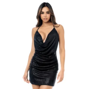 mini vestido sexy preto cintilante brilhante decote drapeado profundo costas nuas ajustado sensual Mapalé poliéster elastano Colômbia