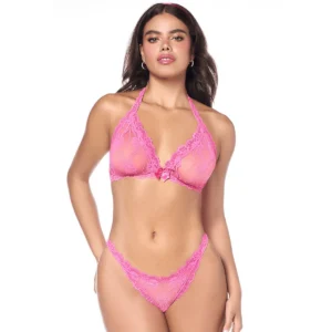 Conjunto sexy duas peças renda rosa delicada transparente romântico sensual leve feminina top lisonjeiro tanga coordenada Mapalé