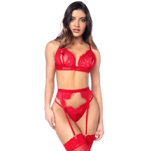 conjunto sensual três peças rendado tule provocante sutiã tanga portaligas cetim poliamida elastano elegante colombiano Mapalé