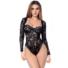 Body sexy mangas longas armação renda gótica romântica detalhes efeito couro fechamento entreperna praticidade conforto corte estruturado peça híbrida lingerie