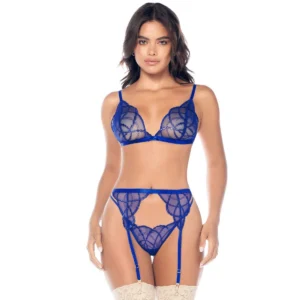 Conjunto sensual três peças bordado fio brilhante sutiã alças ajustáveis tanga combinada cinto ligas elegante Mapalé poliéster poliamida elastano