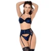 conjunto três peças Mapalé veludo floral sedutor top aro alças ajustáveis suporte realce tanga cintura V sensualidade cinto ligas glamouroso