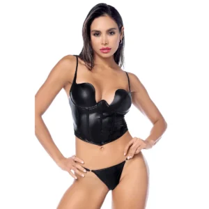 conjunto sexy duas peças preto couro sintético bustiê estruturado aro sustentação alças ajustáveis tanga coordenada versátil sensual refinado