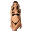 Conjunto lingerie aberto preto Keira Lise sutiã tanga látex imitação brilhante alças ajustáveis pescoço fecho confortável sensual ousado