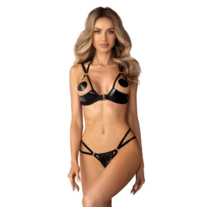 Conjunto lingerie aberto preto Keira Lise sutiã tanga látex imitação brilhante alças ajustáveis pescoço fecho confortável sensual ousado