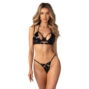 Keira Lise conjunto lingerie preto ousado imitação látex sutiã alças ajustáveis copas macias armação tanga recortes tentadores sedutor forro confortável