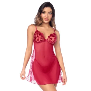 babydoll Mapalé sensual romântico sedutor bojos bordados metálico tule transparente fendas laterais laços alças ajustáveis tanga combinando elegante refinado atrevido