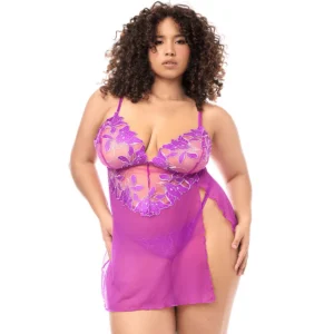 babydoll tamanhos grandes tule transparente bordado floral tanga combinando alças ajustáveis cetim sensual romântico delicado feminino elegante Mapalé