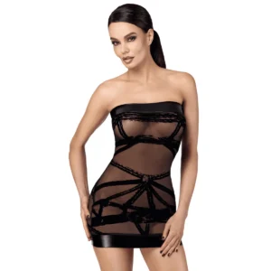 mini vestido tule flocado padrão único estilo bondage ombro descoberto faixas acabamento brilho elástico suave suporte conforto poliéster elastano