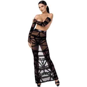 saia tule flocado bondage cintura alta cinto vinil estruturado fenda traseira ajustada modelagem elasticidade mistura poliéster elastano sensual alternativa gótica
