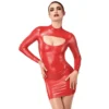 mini vestido ajustado powerwetlook preto decote recortado realce busto mangas compridas gola alta zíper oculto poliéster elastano revestimento polímero