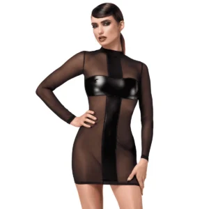 Vestido Mini Tule Suave Painéis Powerwetlook Cruzados Cobertura Íntima Estilo Pullover Faixa Longa Costas Poliamida Elastano Ajuste Justo Sensual